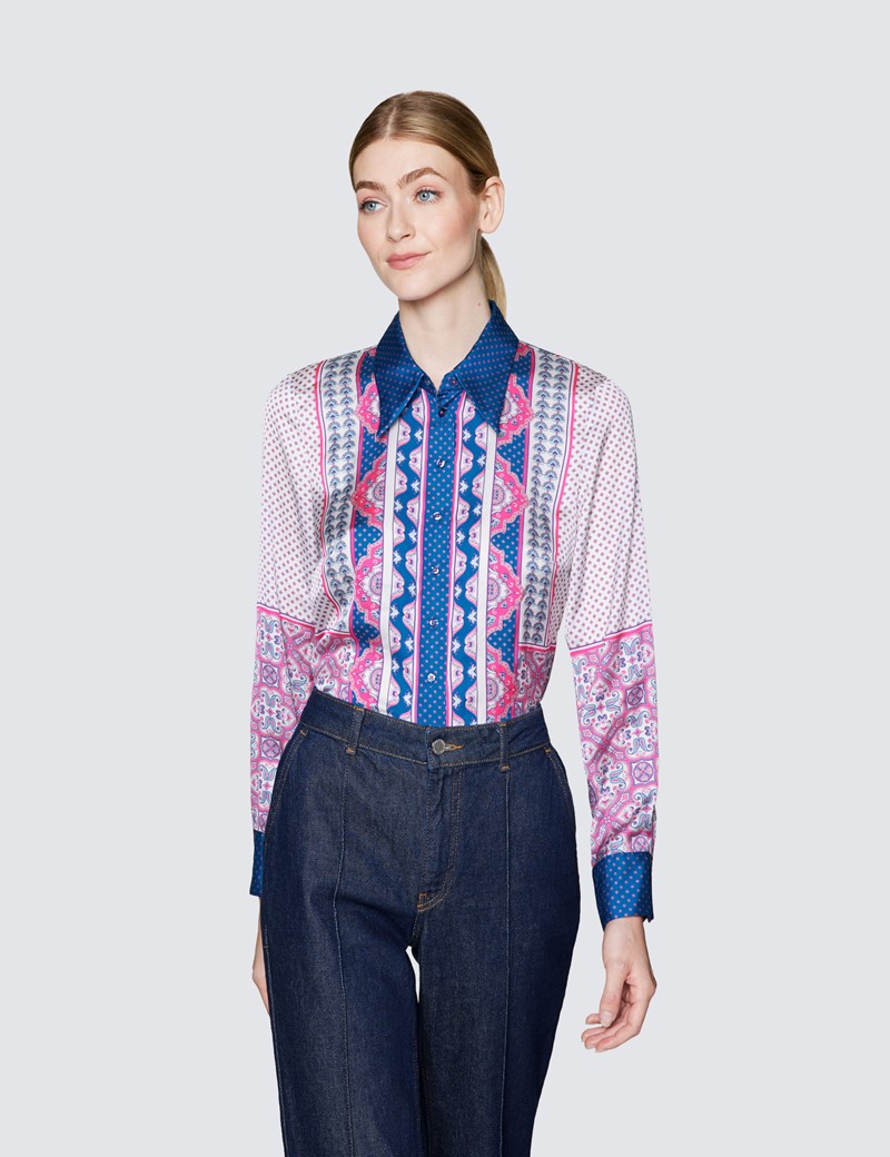 Ladies Blue and Pink Paisley Print Satin Blouse