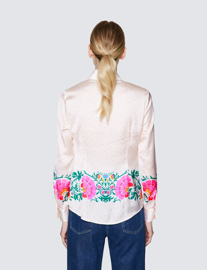Ladies Cream and Pink Floral Print Satin Blouse 