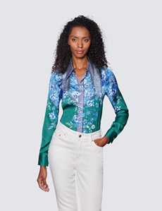 Women's Blue & Green Floral Print Boutique Satin Blouse