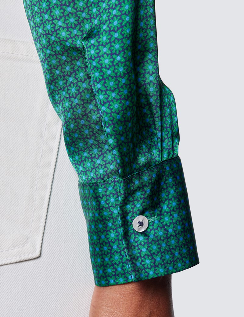 Women's Blue & Green Floral Print Boutique Satin Blouse