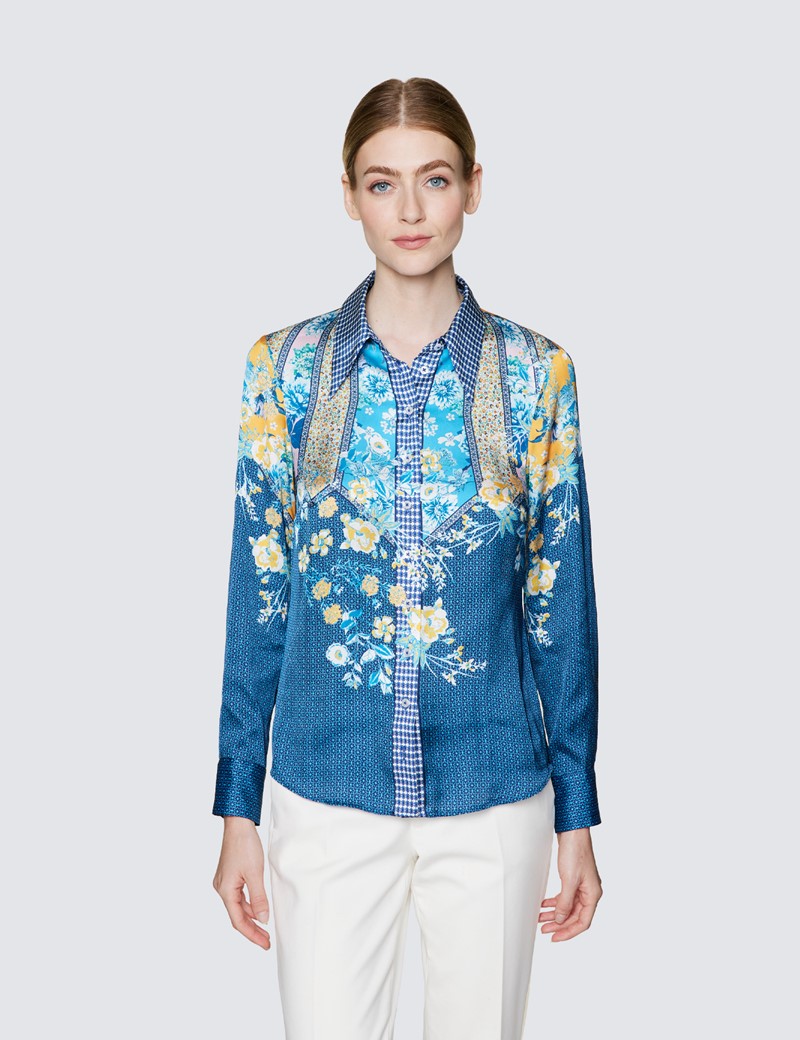 Ladies Navy and Yellow Floral Print Satin Blouse