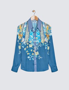 Ladies Navy and Yellow Floral Print Satin Blouse