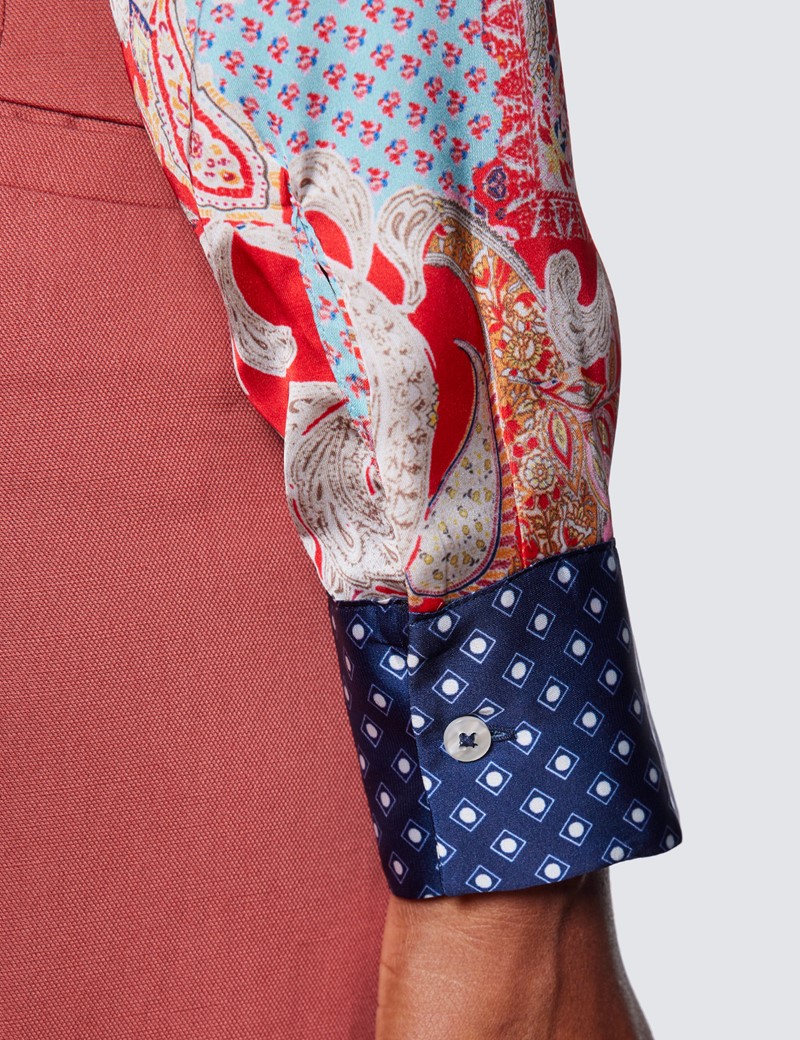Boutique Bluse – Regular Fit – Satin – navy pink Patchwork Blumenprint