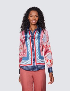 Boutique Bluse – Regular Fit – Satin – navy pink Patchwork Blumenprint