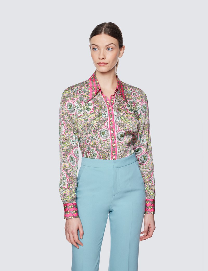 Women's Pink & Green Floral Print Boutique Satin Blouse | Hawes & Curtis