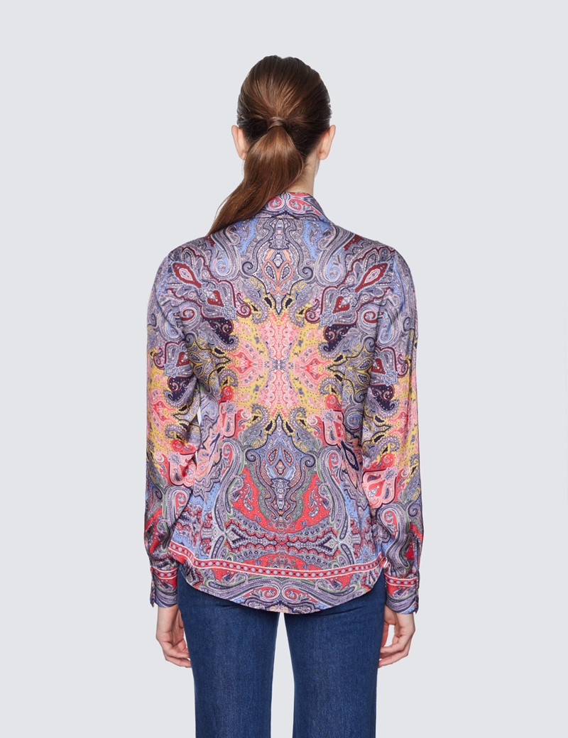 Women's Coral & Blue Paisley Print Boutique Satin Blouse