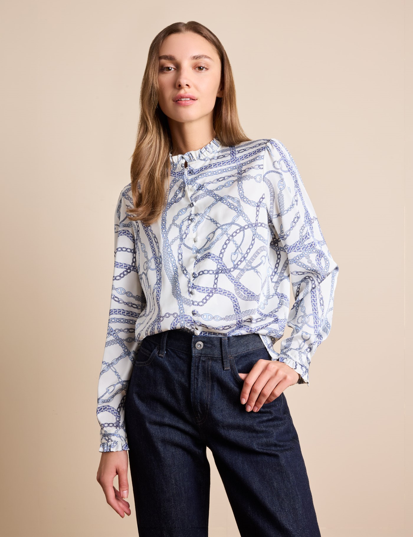 Hawes & Curtis Relaxed Fit White & Blue Chunky Chains Boutique Blouse Size: 4 (UK 6)