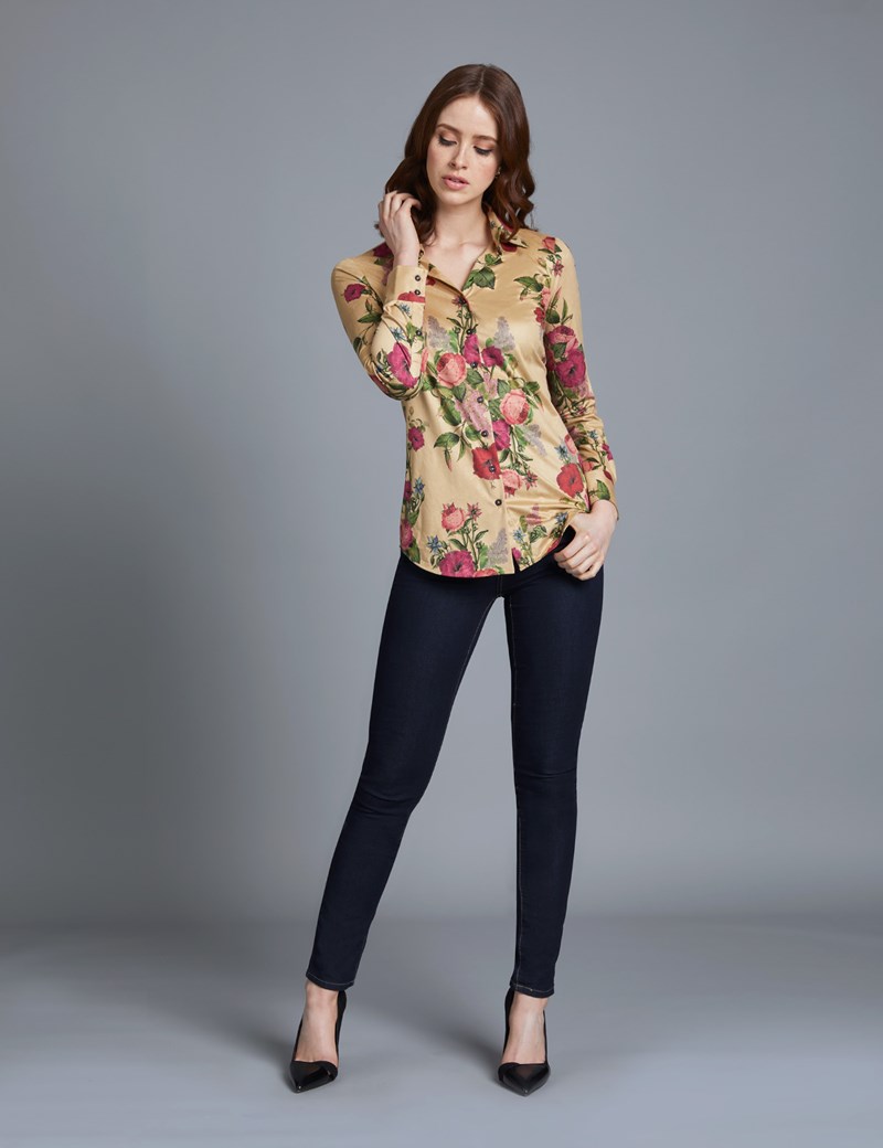 Women’s Boutique Floral Beige & Pink Suedette Semi-Fitted Shirt ...