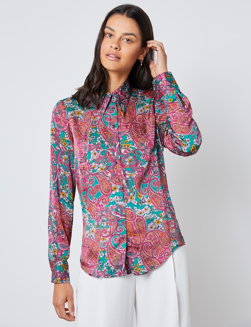 Women’s Boutique Pink & Green Paisley Floral Luxury Matt Satin Blouse ...