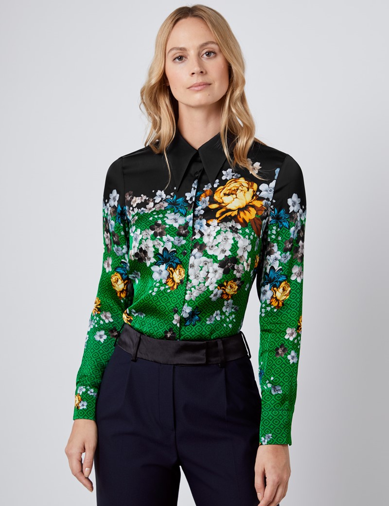 Women’s Boutique Green & Black Floral Luxury Matt Satin Blouse - Single ...