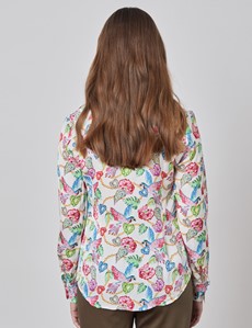 Women’s Boutique White & Pink Parrot and Hearts Print Luxury Satin Blouse with Vintage Collar