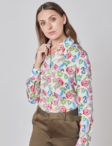 Women’s Boutique White & Pink Parrot and Hearts Print Luxury Satin Blouse with Vintage Collar