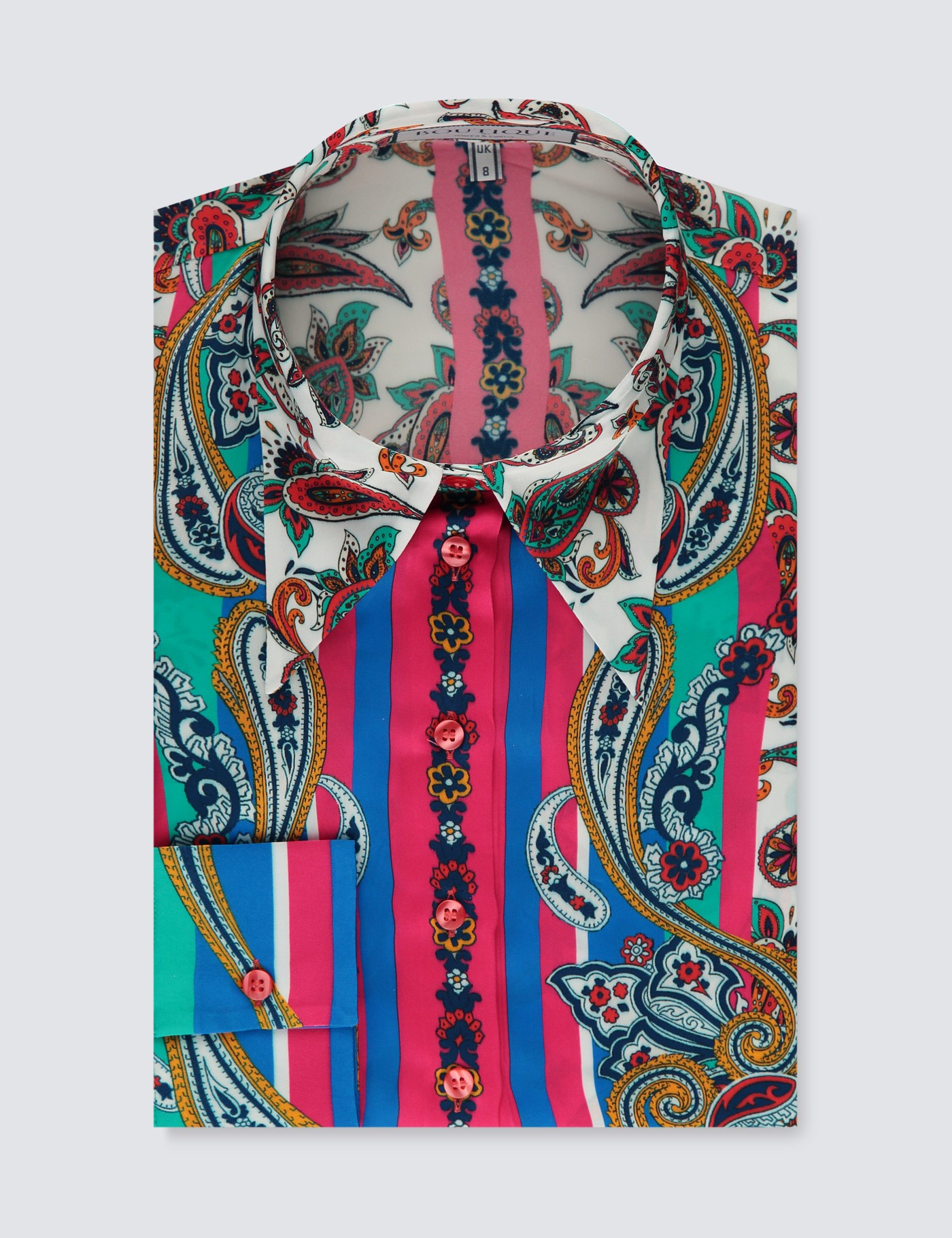 Image of Hawes & Curtis Women's Paisley Placement Print Boutique Satin Blouse with Vintage Collar in Blue/Orange Size