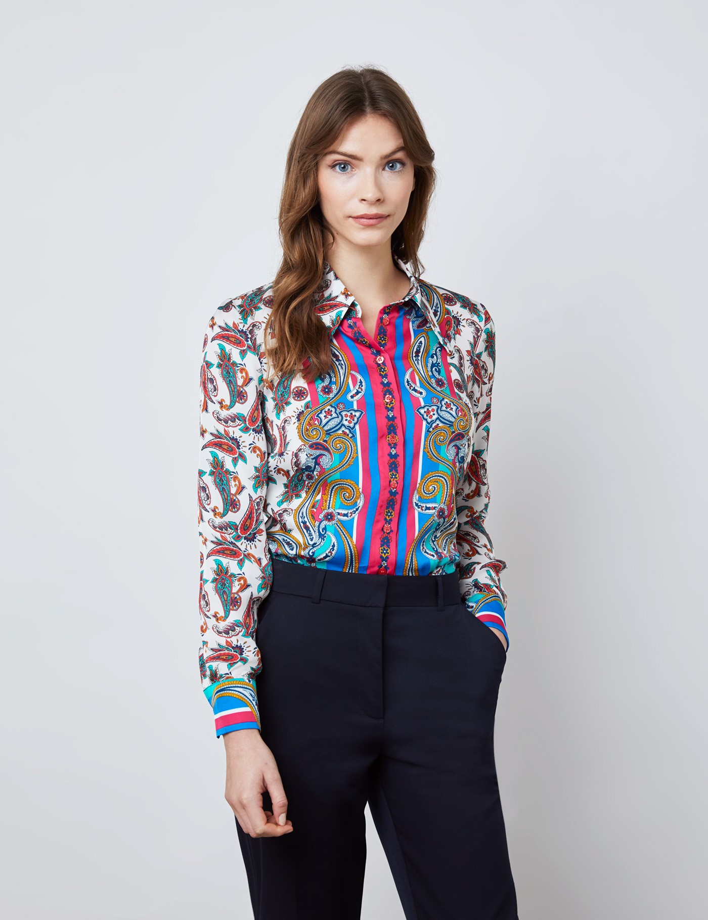 Luxury Satin Women’s Boutique Blouse with Paisley Placement Print and ...
