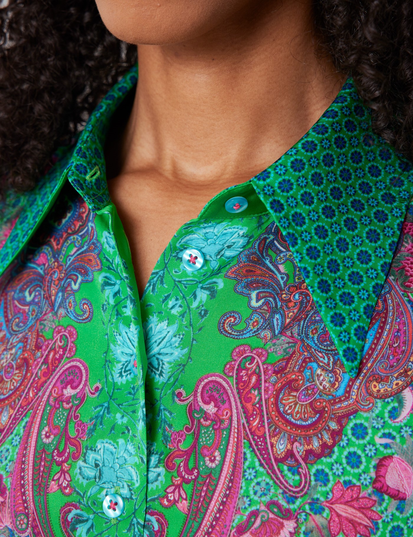 Satin Womens Semi Fitted Boutique Shirt With Geometric Paisley Print In Green And Pink Hawes 0289