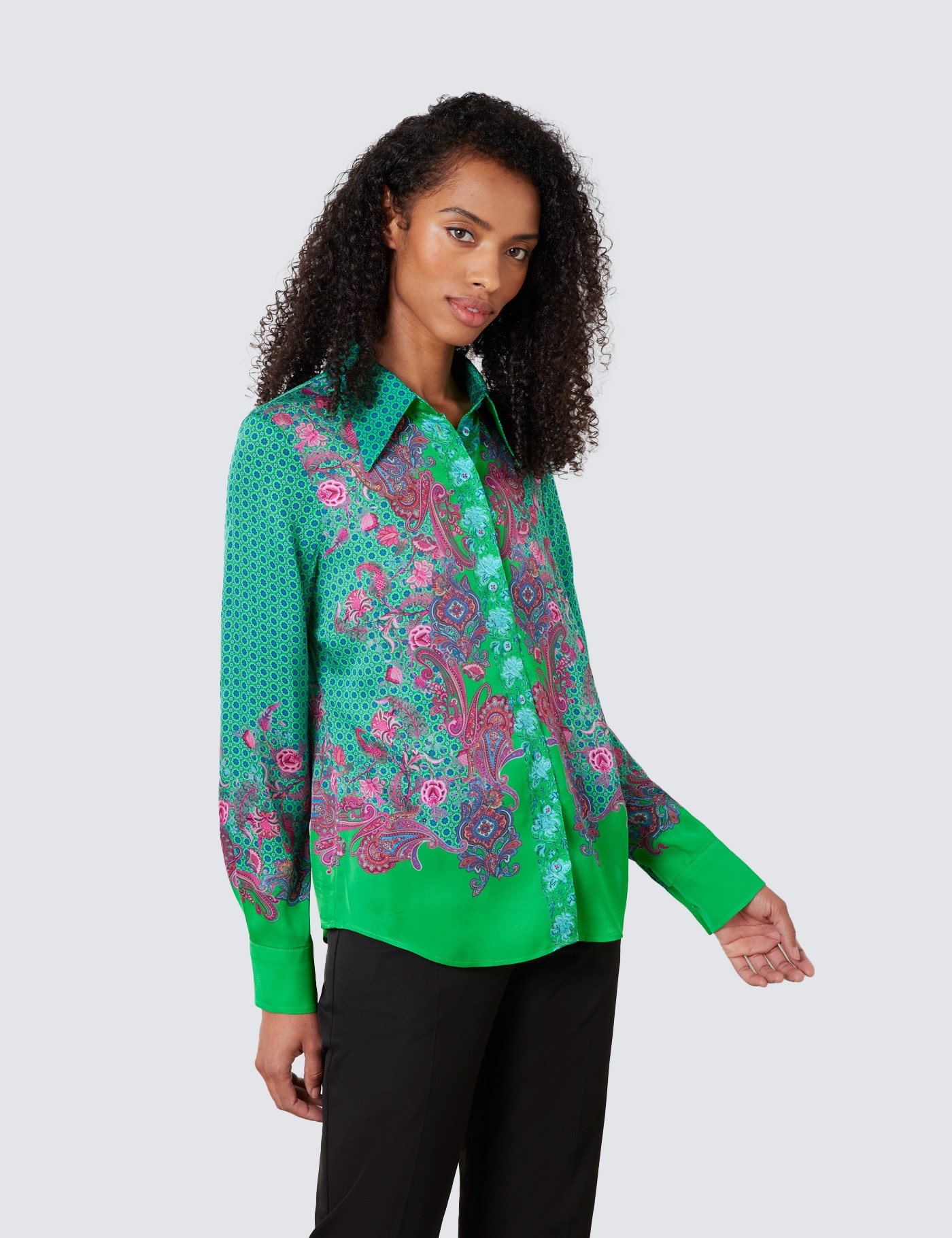 Satin Women's Semi Fitted Boutique Shirt with Geometric Paisley Print ...