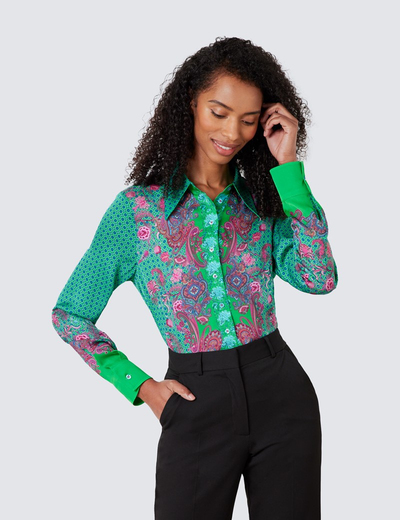 Satin Women's Semi Fitted Boutique Shirt with Geometric Paisley Print ...