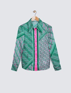 Women’s Green & Pink Geometric Placement Print Boutique Satin Blouse