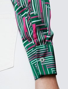 Women’s Green & Pink Geometric Placement Print Boutique Satin Blouse