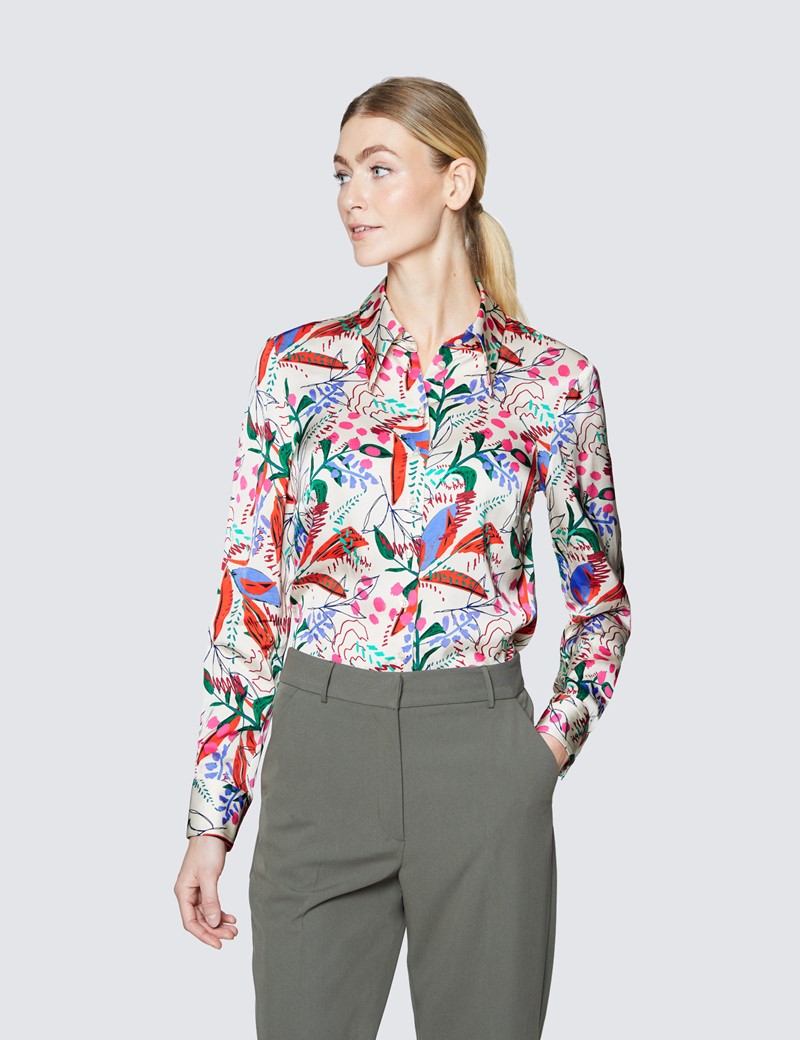 Boutique Bluse – Regular Fit – Satin – creme grün floraler Print