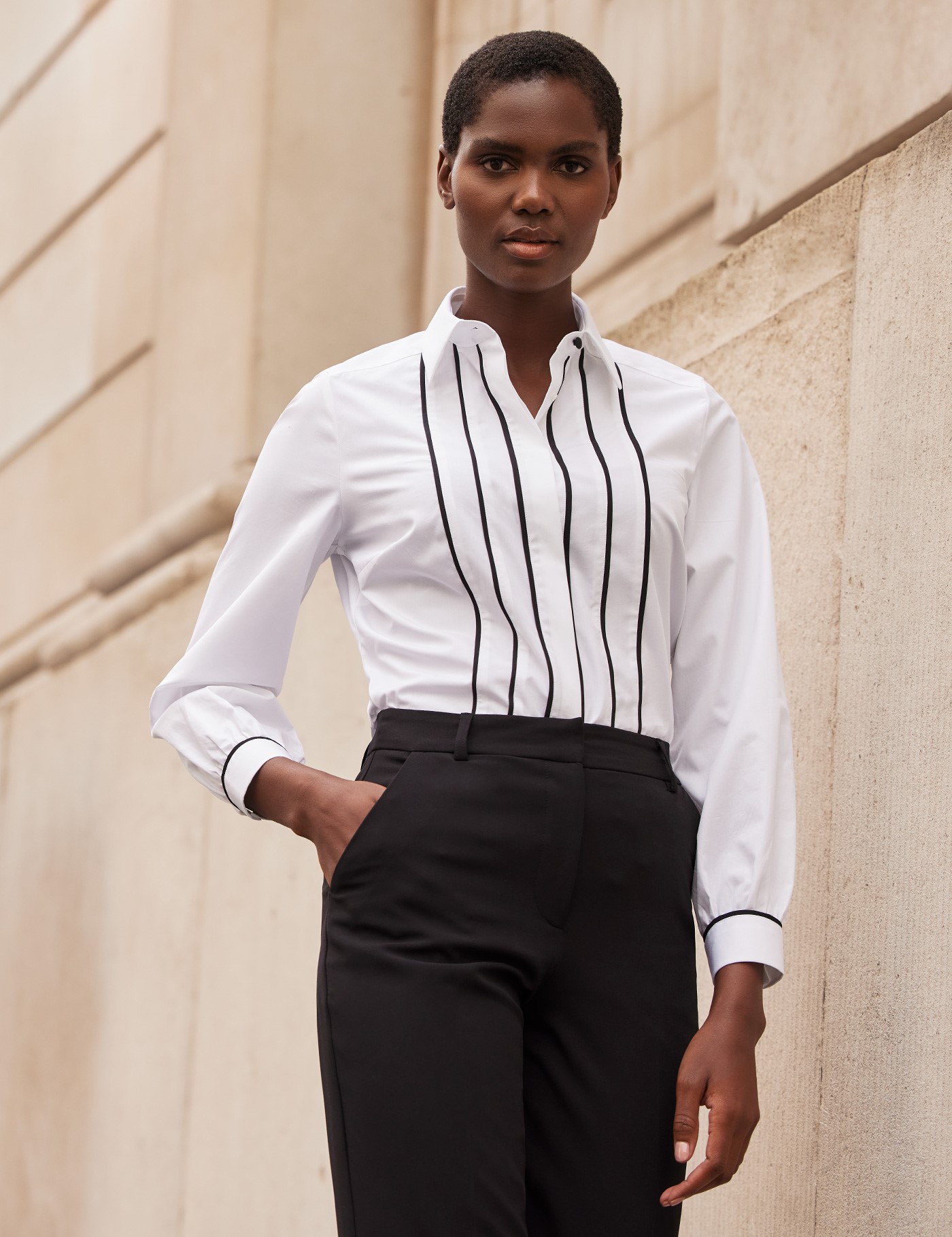 Women's White Contrast Piping Boutique Shirt | Hawes & Curtis