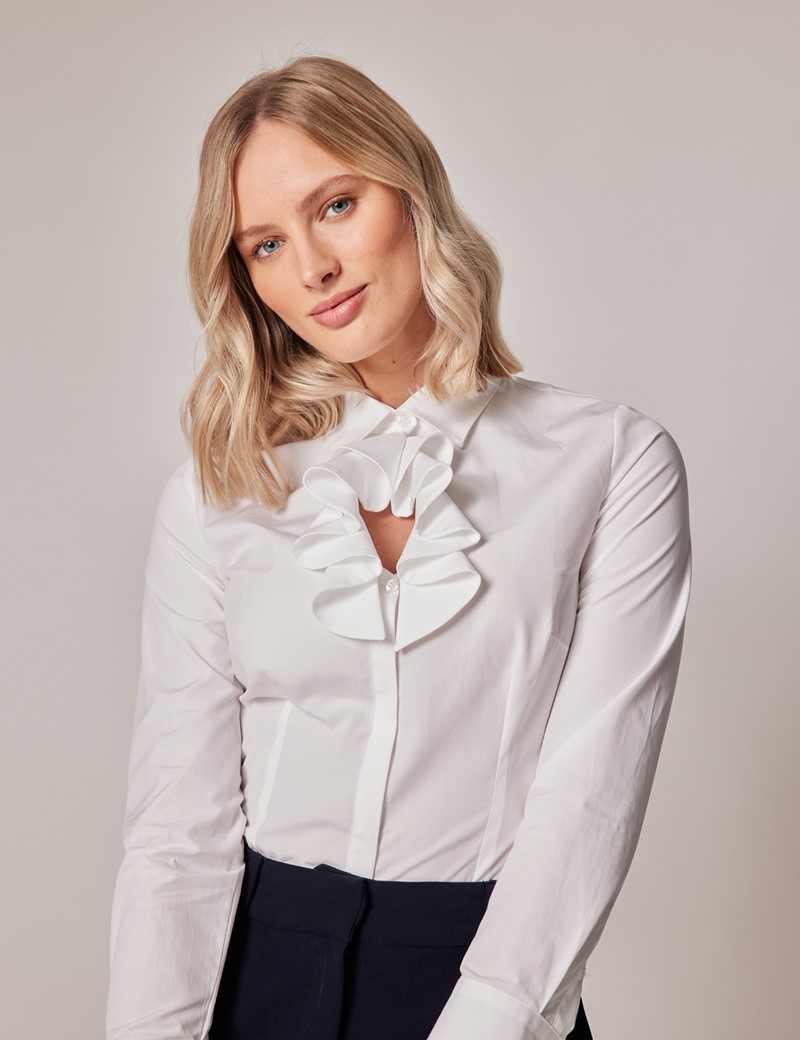 Women's White Frilled Collar Boutique Cotton Shirt