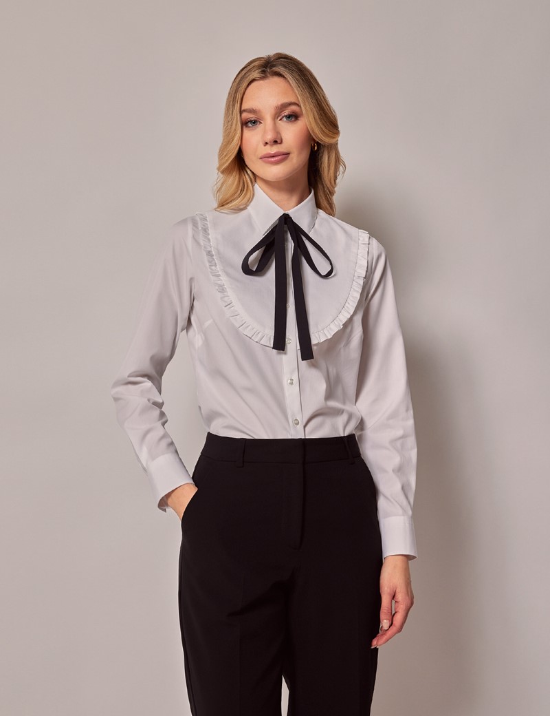 Women's White Waffle Frill Collar Boutique Shirt with Bow Detailing ...