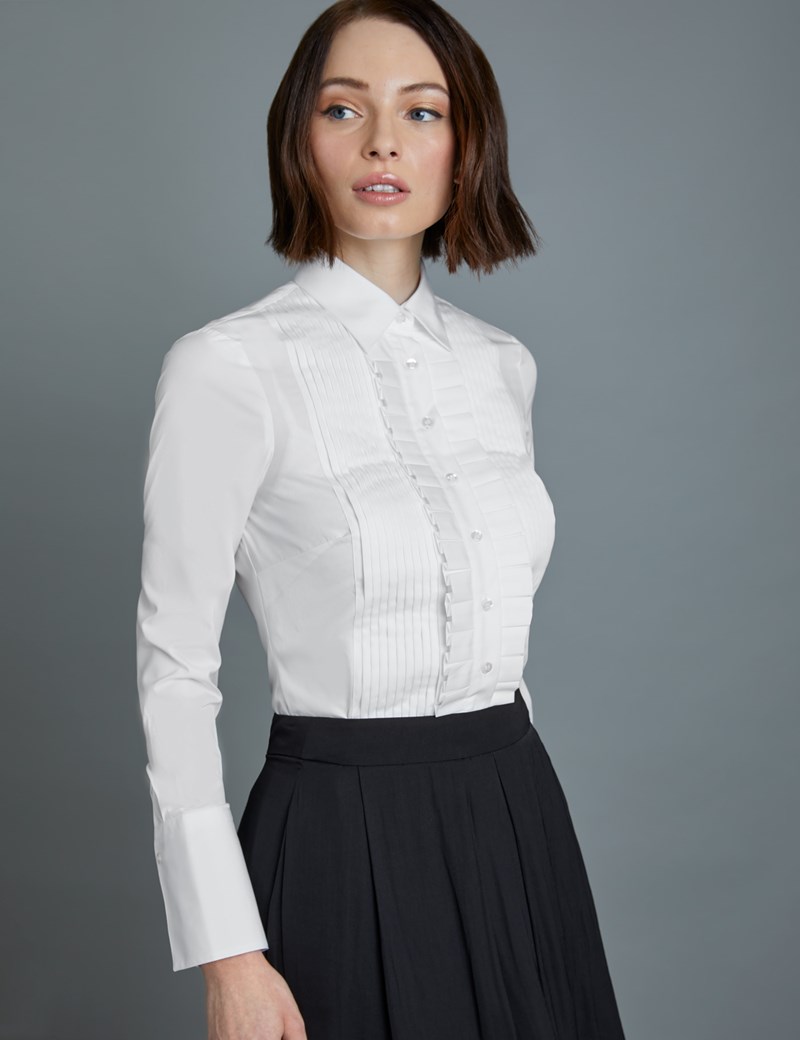 Women's Boutique White Semi Fitted Boutique Shirt with Frill Pleat ...
