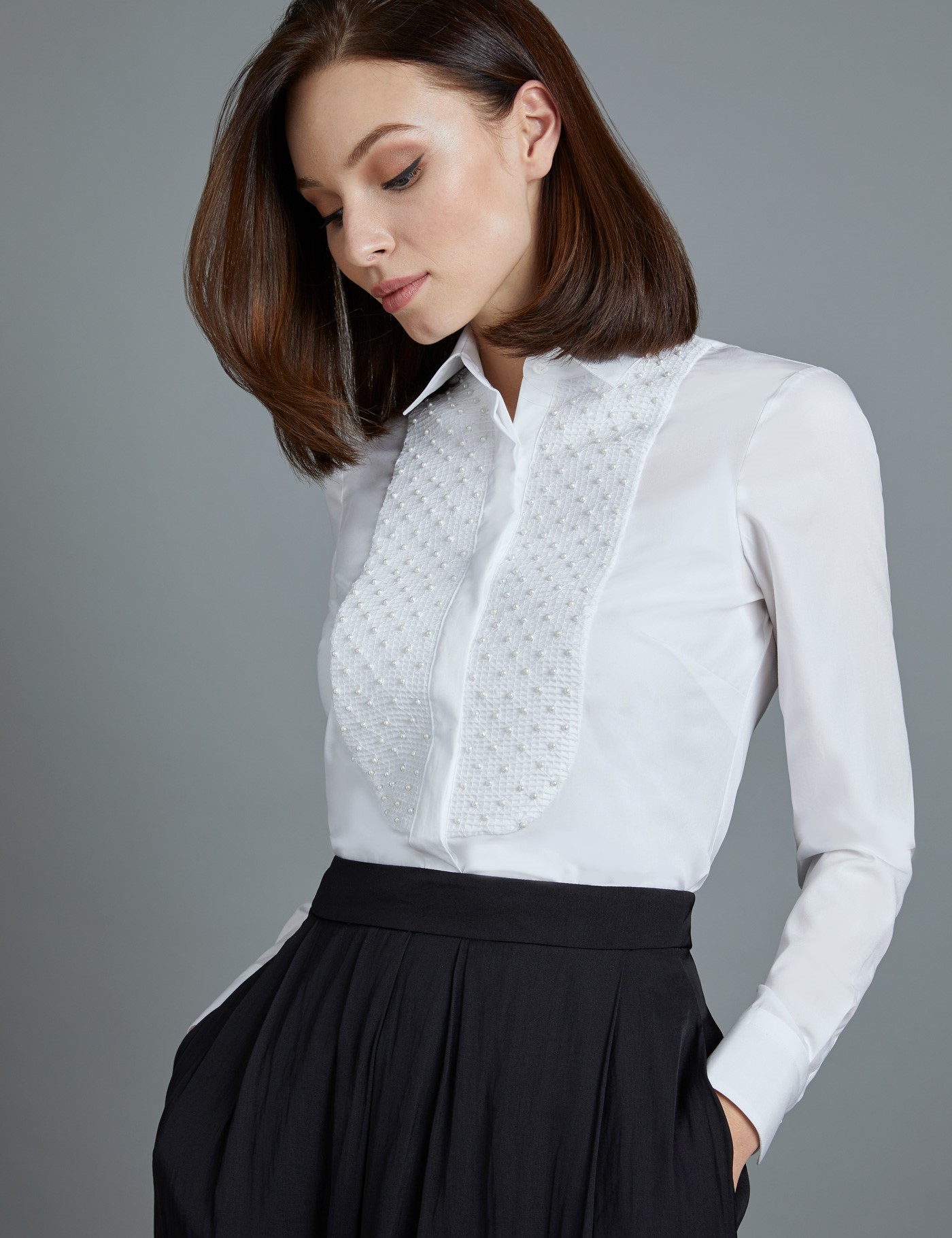 Image of Women's Boutique Semi-Fitted Boutique Shirt with Pearl Embellishments in White Size  Hawes & Curtis