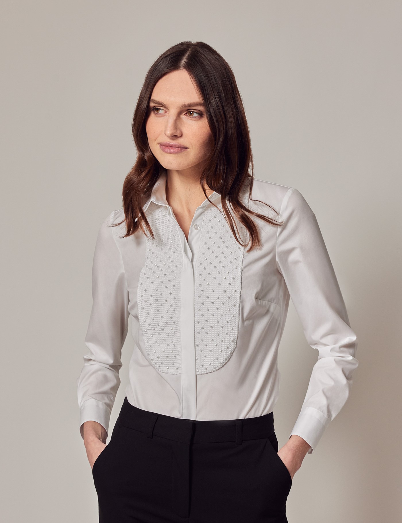 Women's White Semi Fitted Boutique Shirt with Pearl Embellishments ...