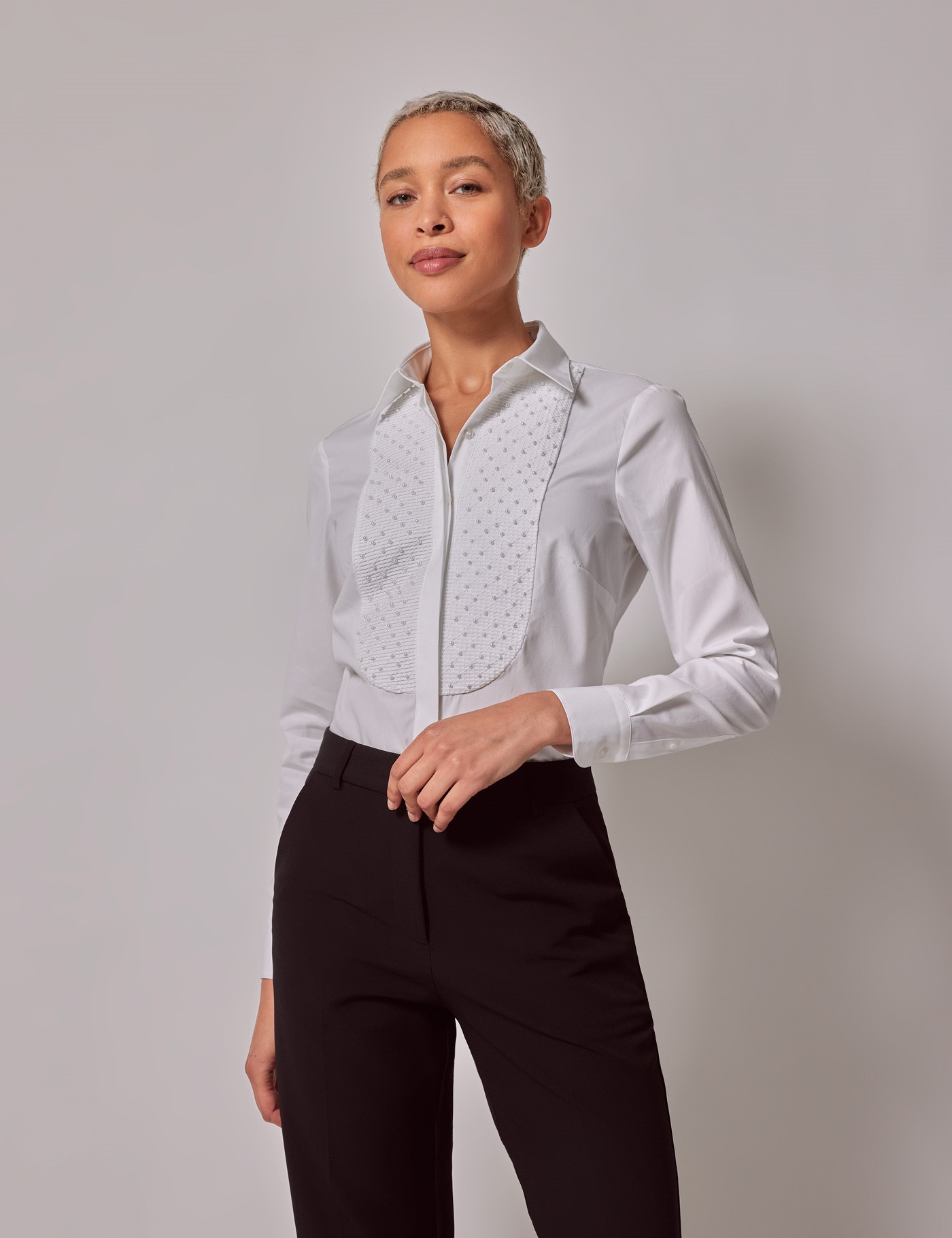 White Semi Fitted Boutique Shirt with Pearl Embellishments