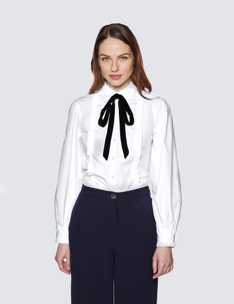 Women’s Boutique White Poplin Shirt With Frill Detailing - Pussy Bow