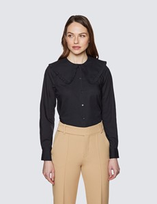Women’s Boutique Black Poplin Shirt With Frill Neck - Wide Collar 