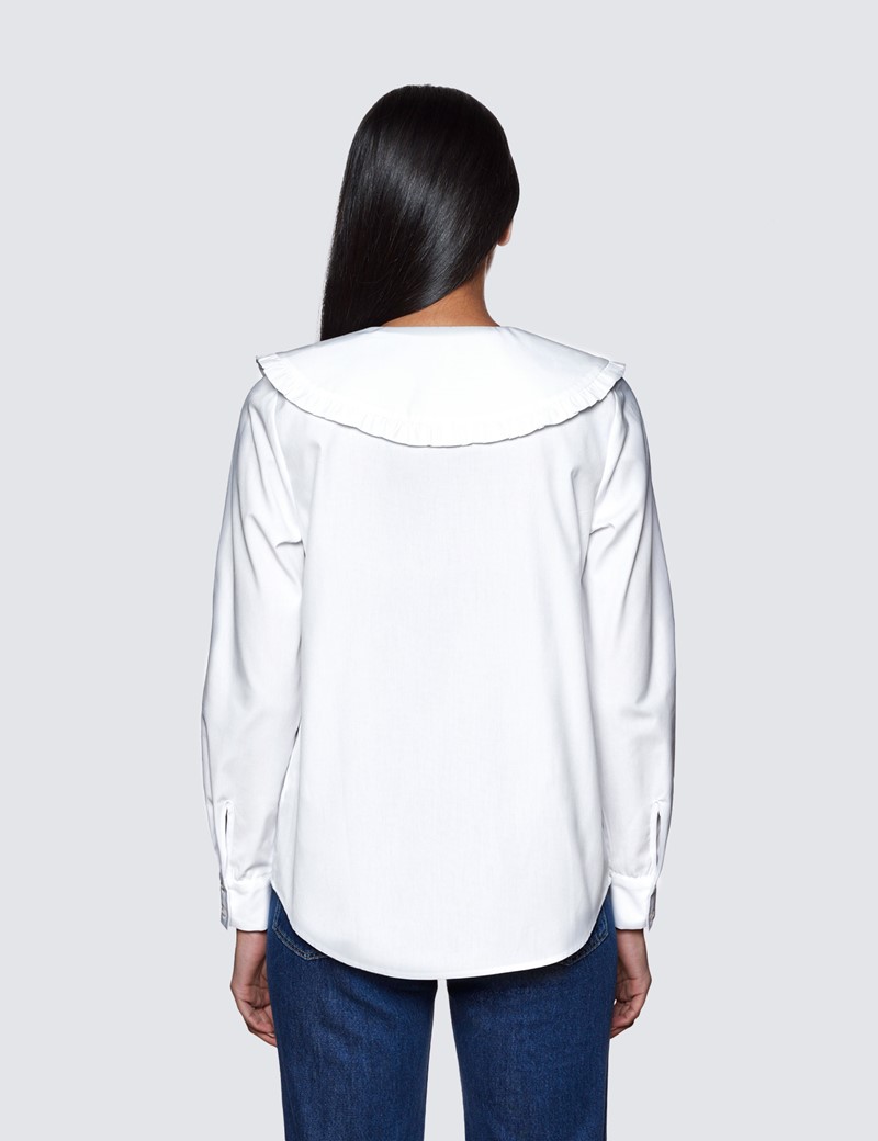 Women’s Boutique White Poplin Shirt With Frill Neck - Wide Collar 
