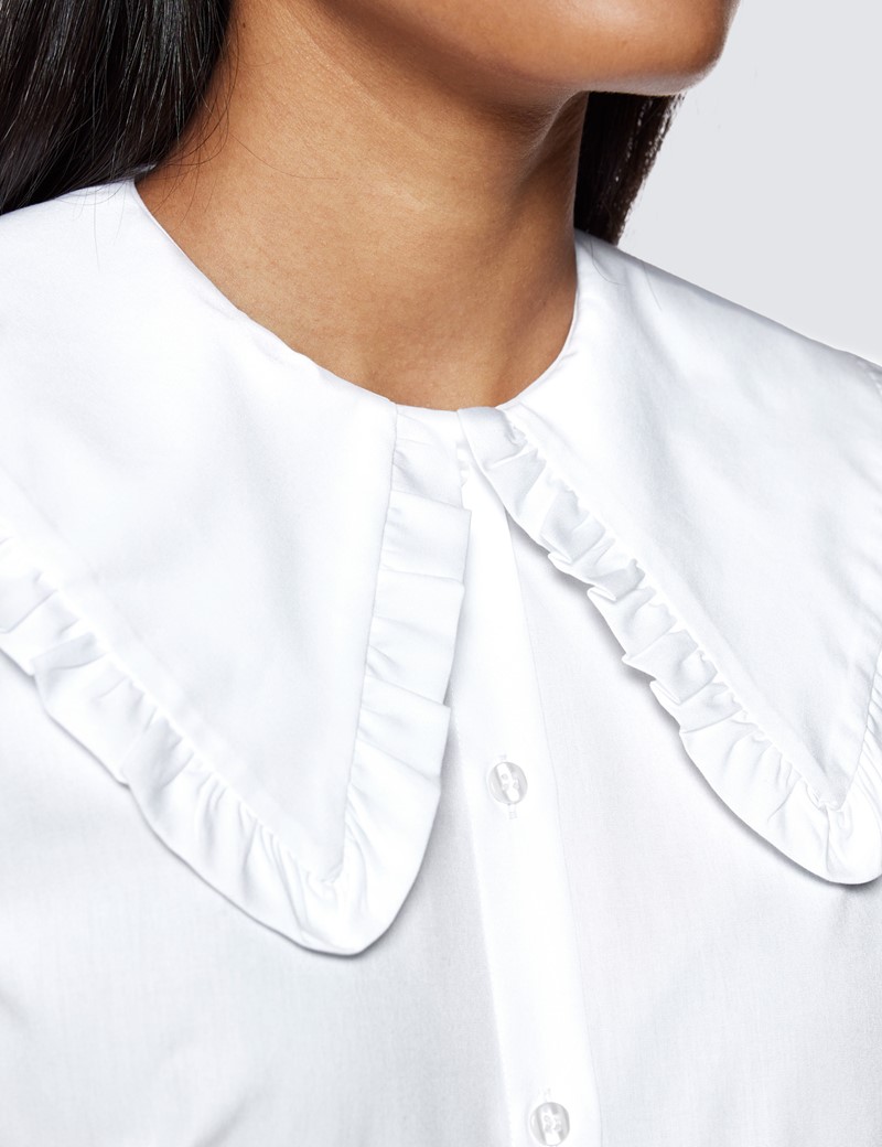 Women’s Boutique White Poplin Shirt With Frill Neck - Wide Collar 