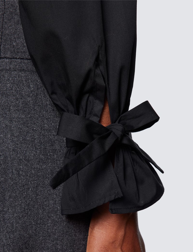 Boutique Bluse – Regular Fit – Popeline – gerafft mit Schleifenärmel – schwarz