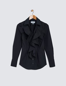Women's Boutique Black Fitted Shirt with Open Neck Frill Detail - Single Cuff