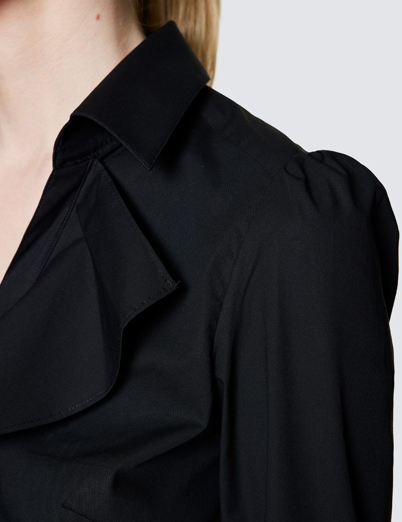Women's Boutique Black Fitted Shirt with Open Neck Frill Detail - Single Cuff