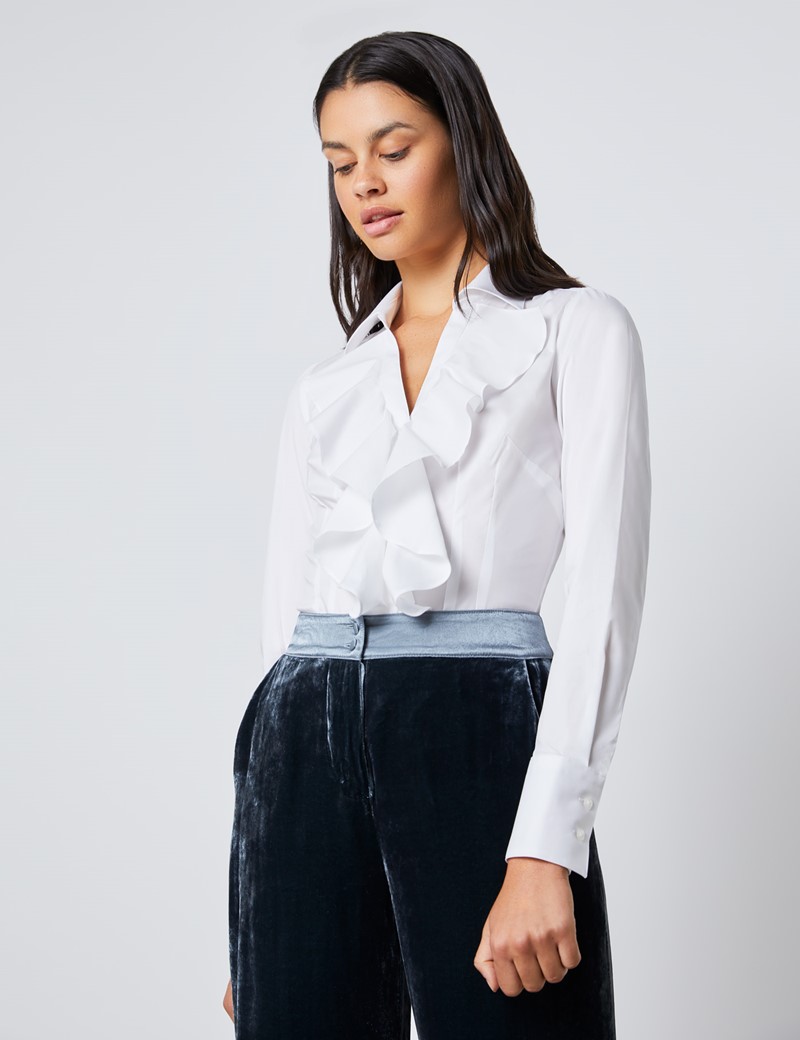 Women's Boutique White Fitted Shirt with Open Neck Frill Detail ...