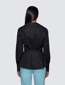 Boutique Bluse – Regular Fit – Baumwollstretch – Taillengürtel – schwarz