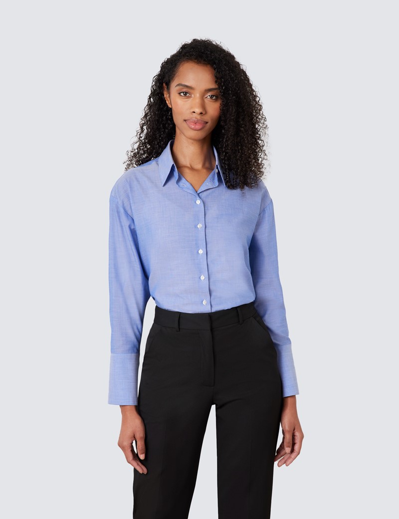 Cotton Tencel Women's Boyfriend Shirt in Blue | Hawes & Curtis