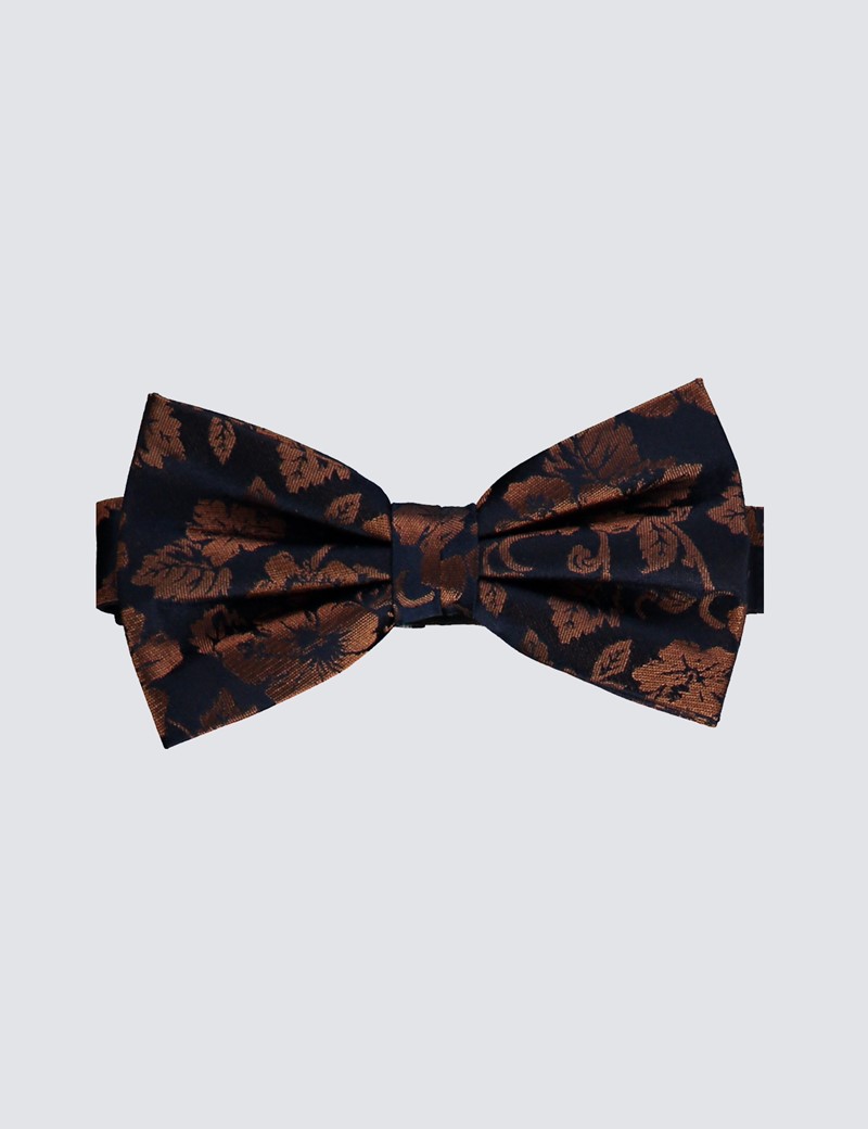 Men's Navy & Brown Floral Print Ready Tied Bow Tie - 100% Silk | Hawes ...