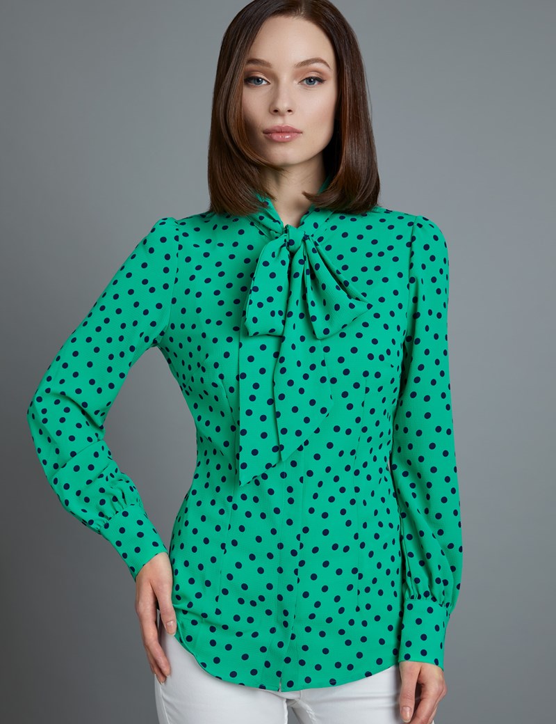 Women's Green & Navy Spot Print Fitted Blouse - Single Cuff - Pussy Bow ...