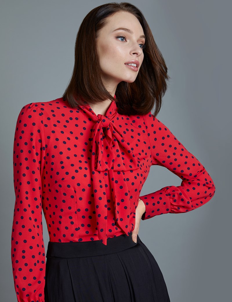 Women's Red & Navy Spot Print Fitted Blouse - Single Cuff - Pussy Bow