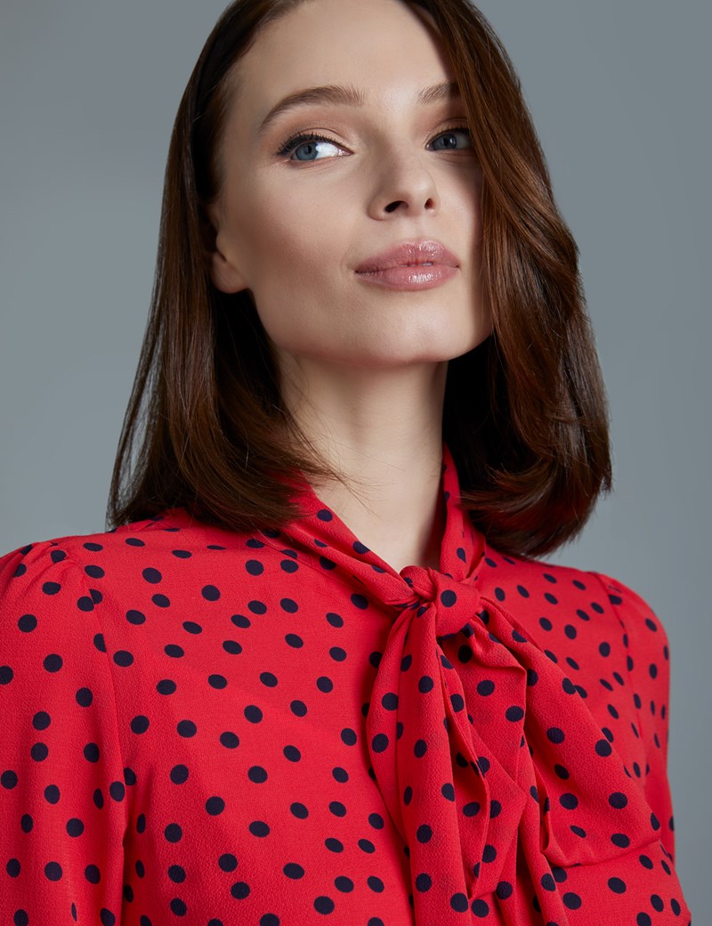 Womens Red And Navy Spot Print Fitted Blouse Single Cuff Pussy Bow Hawes And Curtis 2804