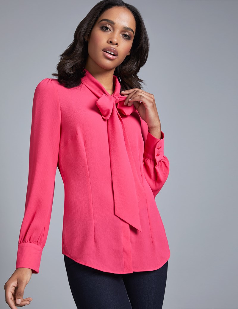 Women's Raspberry Pink Fitted Crepe Blouse - Pussy Bow | Hawes & Curtis