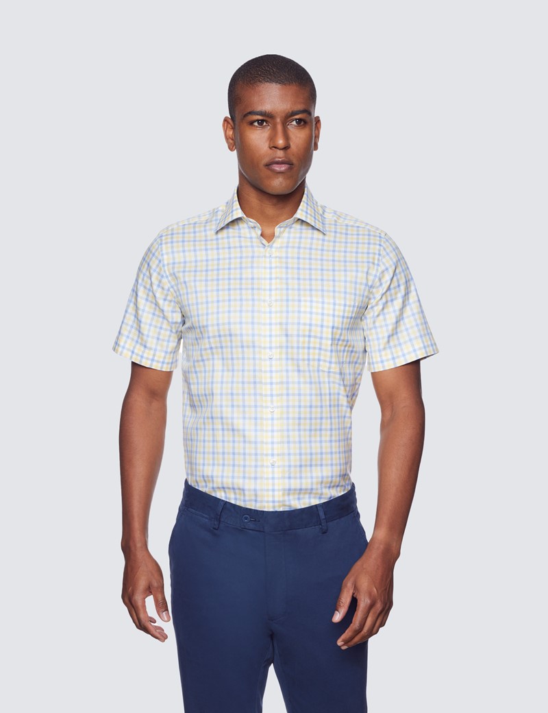 Bügelleichtes Kurzarm Hemd – Tailored Fit – Brusttasche – blau gelb kariert