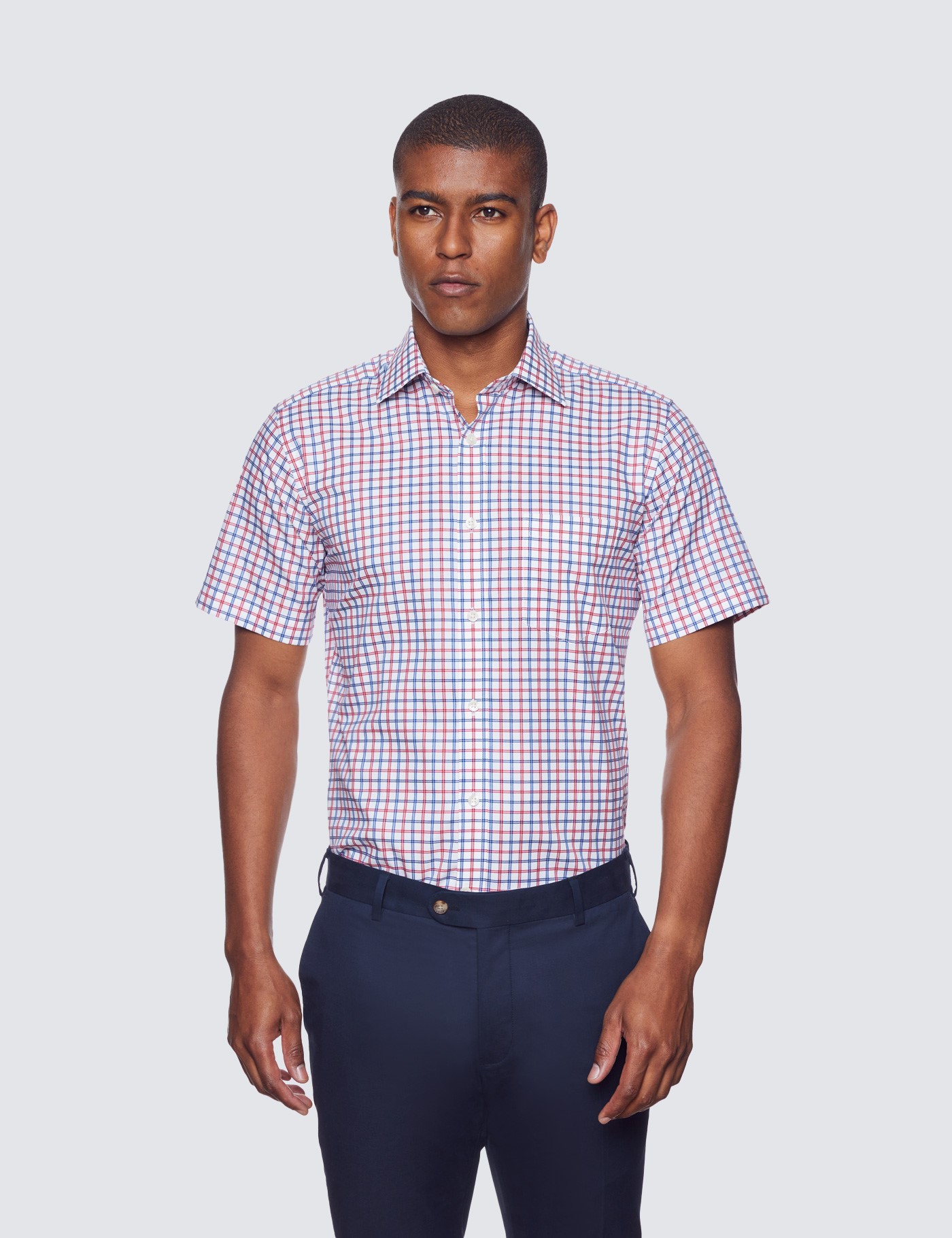 Red & Navy Multi Check Tailored Fit Short Sleeve Shirt – Chest