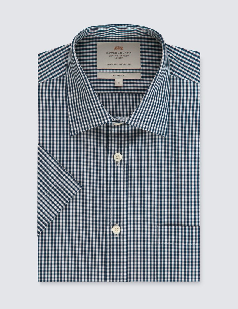 Men's Formal Navy & White Gingham Check Tailored Fit Shirt Short