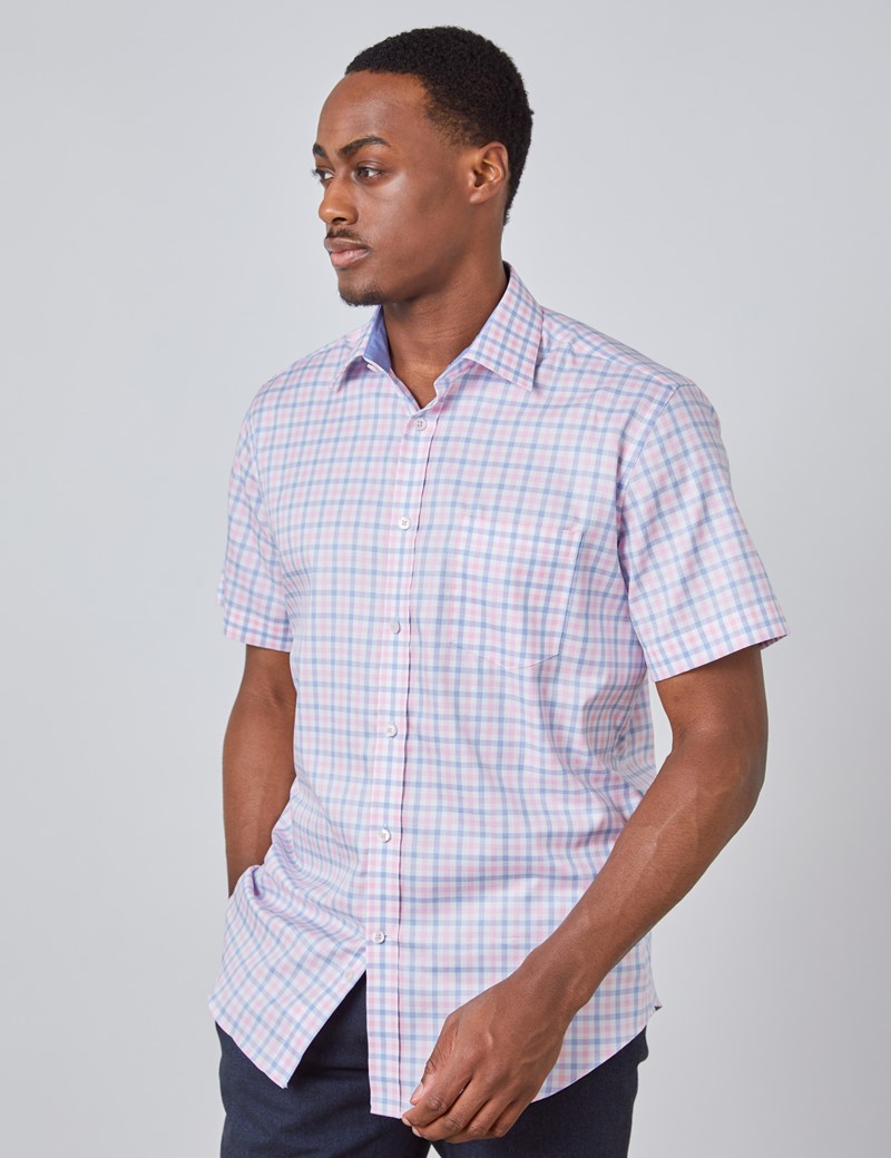 Men’s White & Pink Multi Plaid Tailored Fit Short Sleeve Shirt